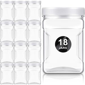 Gerrii 18 Pcs 27 Oz Plastic Storage Jars with Lids, Clear Wide Mouth Square Plastic mason Containers, Paint Storage Containers with Easy Grip Handles, Reusable Wide Mouth Canisters