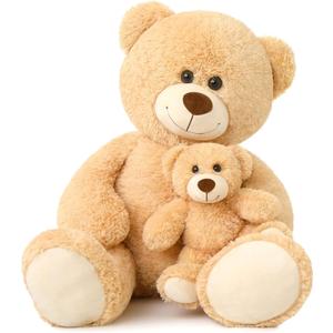 Muiteiur 39 Inch Giant Teddy Bear, Fun Mom Bear Plush with Attached Baby, Large Soft Plush Toy Gift for Kids Girlfriend Boy (Light Brown)