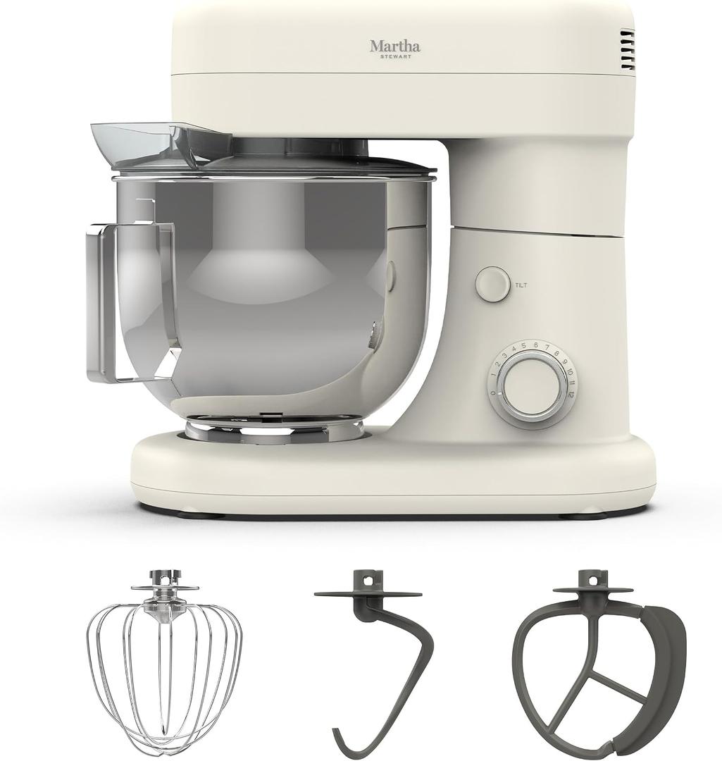 Martha Stewart Tilt-Head Stand Mixer,12 Speed, 5.3QT Stainless Steel Bowl, Splash Guard with Pour Chute, Whisk, Dough Hook, Flat Beater,Electric Kitchen Baking Mixer, Bread, Cake, Whip, Linen White