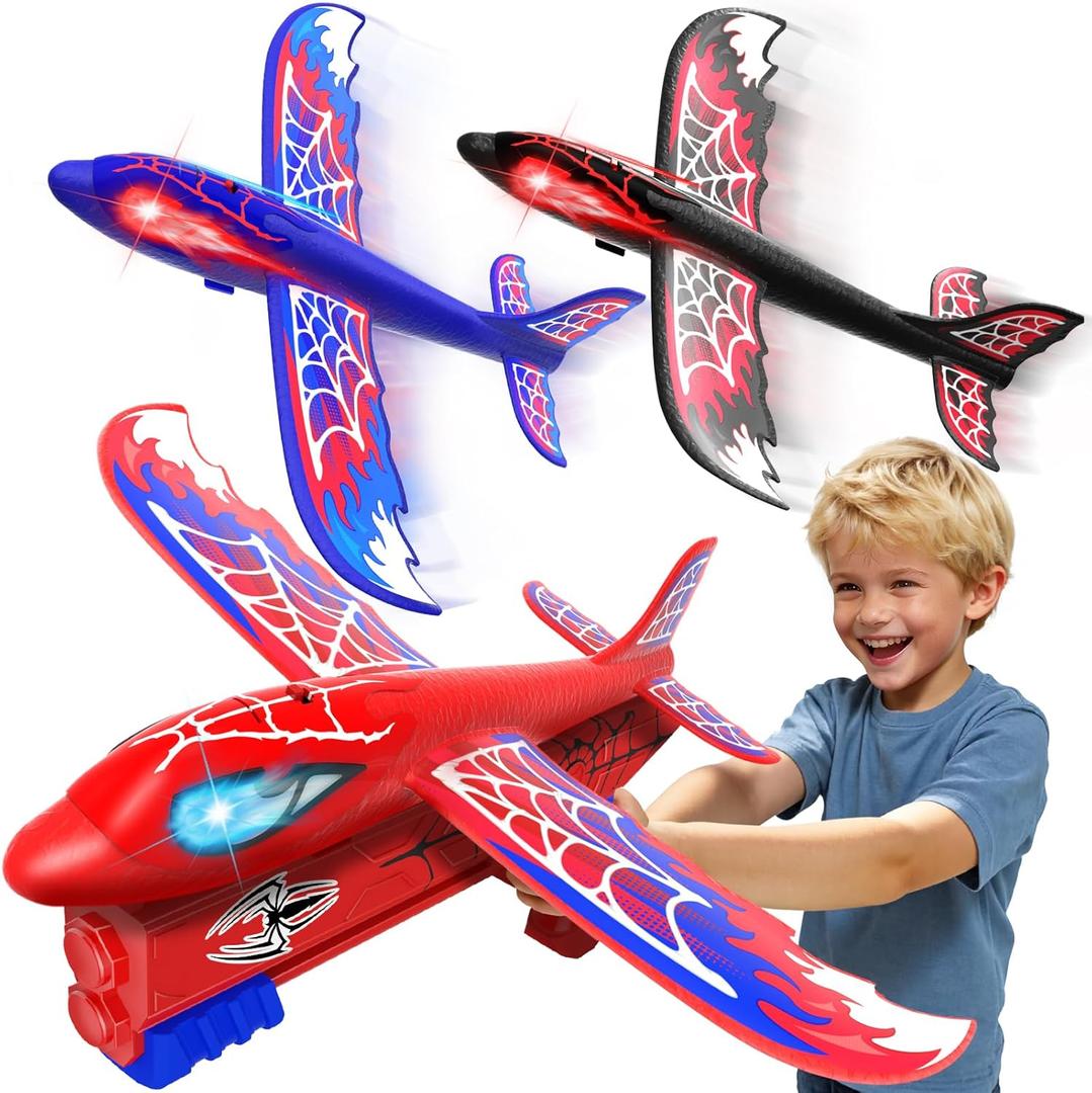 3 Pack Airplane Launcher Toy with Glowing Eyes & Web-Pattern Wings,2 Flight Modes Outdoor Games for Kids,Boys Toys Age 3-12,Birthday Gifts for 3 4 5 6 7 8 9 10 11 12 Year Old,Kids Gift(Red&Blue&Black)