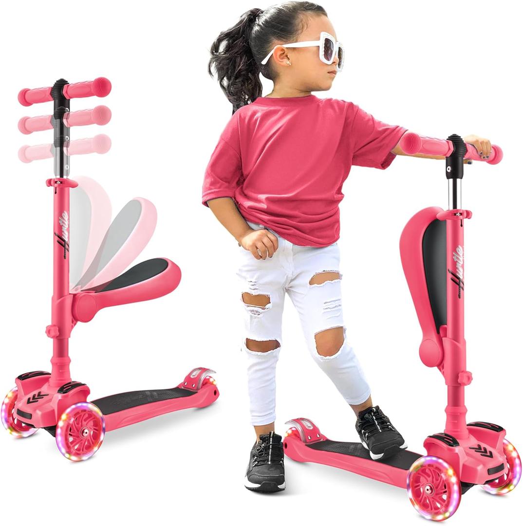 Hurtle 3-Wheeled Scooter for Kids - Wheel LED Lights, Adjustable Lean-to-Steer Handlebar, and Foldable Seat - Sit or Stand Ride with Brake for Boys and Girls Ages 1-14 Years Old