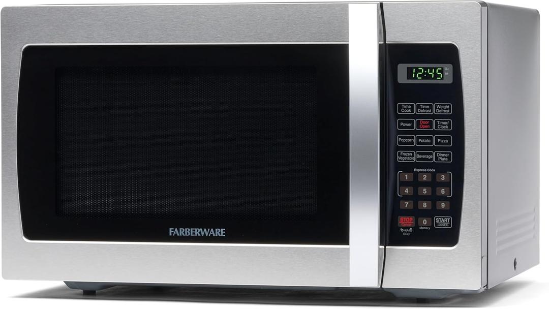 Farberware 1.3 Cu. Ft. Countertop Microwave Oven  1000 Watts Power, Auto Cook Settings, Defrost, Easy Clean and Child Safety Lock - Stainless