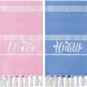Preboun 2 Pcs Hubby and Wife Turkish Hand Towels Wedding Embroidery Bathroom Hand Towels Decorative Stripe Turkish Honeymoon Newlywed Couple Wedding Gift 71 * 39 inch(Blue, Pink)