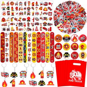 110 PCS Firetruck Party Favors, Fire Truck Temporary Tattoos Slap Bracelets Keychains Stickers Badges Goodie Bags for Fire Truck Birthday Party Decorations Supplies Gifts for Kids Classroom Rewards