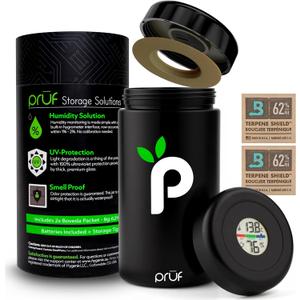 Prf Jar with Built-In Humidity & Temperature Monitor (Hygrometer)  Airtight 500ml UV-Proof Glass Storage Jar with Silicone Seal  Humidity Control  Includes 2 Boveda 62% (8g) Packs  by Hygenix