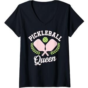 Women's Pickleball Queen Funny Pickleball Player V-Neck T-Shirt