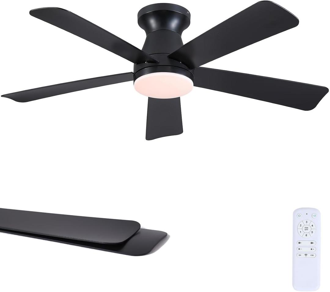 46" Low Profile Ceiling Fans with Lights and Remote, Black Indoor Ceiling Fan Light with Quiet Reversible DC Motor,Modern Flush Mount Ceiling Fans with Dimmable LED for Bedroom Kitchen