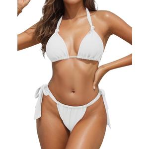 Zonsaoja Women Thong Bikini Side Tie Triangle Two Piece Bathing Suits Halter Knot Swimsuits (Medium, White)