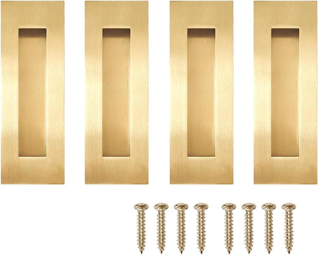 Hadnles Recessed Finger Flush Pulls - Fit Wardrobe, Pocket, Sliding Barn, Bifold Doors & More - Stainless Steel Brushed Rectangular Door Pull Hardware (4.72 INCH, Gold - 4 Pack)