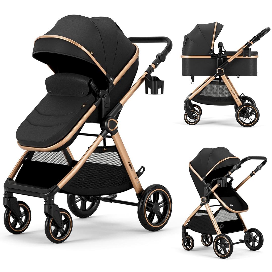 2 in 1 Baby Stroller, Convertible Bassinet Pushchair for Infants and Newborns 0-36 Months (Gold)