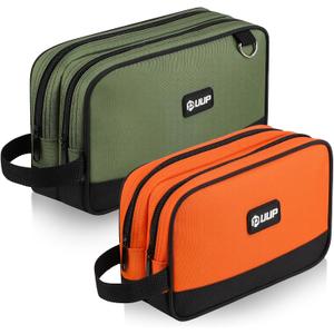Small Tool Bag 2 Pack, Zipper Tool Pouch Two Compartments, 10 12 inch Utility ToolBag with Carrying Handle, Toolbox Storage Organizer for Electrician Mechanic, Gift for Men Dad, Orange/Green