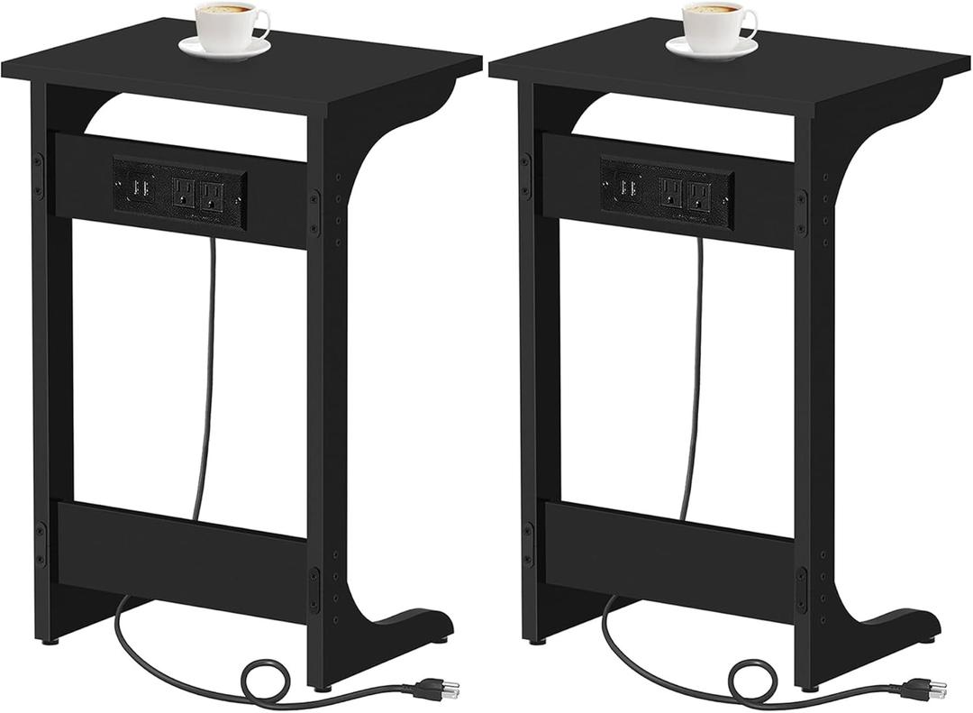 TUTOTAK C Shaped End Table with Charging Station, Set of 2, Couch Table, Tv Tray Table with 2 USB Ports and Outlets, Sofa Side Table for Small Spaces, Living Room, Bedroom TB01BK0442