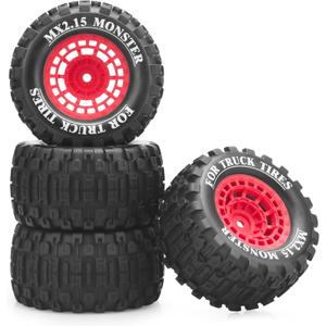 1/16 RC Car Tires and Wheels, daitoku 12mm Hex RC Truck Tires for MiniX Mini XRT 1/16 MJX 16207 16210 16209 16208 HSP 94186 Traxxas E-Revo LOSI 1/18 Mini LMT - Style B (Red)