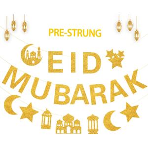 Glitter Eid Mubarak Banner with Gold Moon Star Eid Hanging for Islam Party Decorations No DIY Required