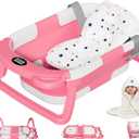 MoreFeel Collapsible Baby Bathtub for Newborn with Thermometer & 1 Hooded Towel & 1 Soft Floating Cushion, Portable Travel Bathtub with Drain Hole, Durable Foldable Baby Tubs for Infants to Toddler (Pink)