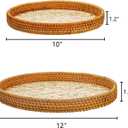 Frcctre 2 Pack Round Rattan Tray with Mother of Pearl Inlay, Rattan Serving Tray with Wooden Base, Decorative Wicker Basket for Bread Fruit Food Coffee Breakfast, Storage and Display, 2 Sizes