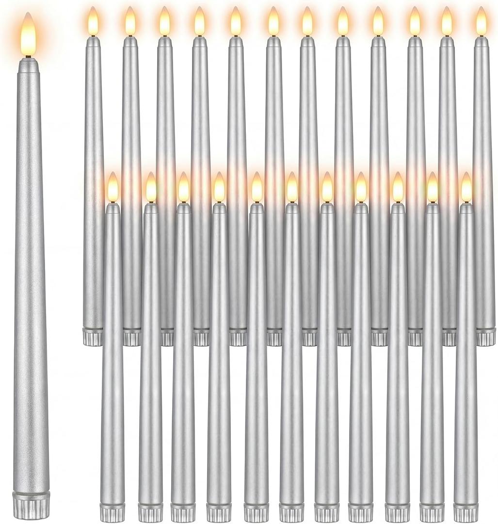Macarrie 24 Packs Flameless Taper Candles Battery Operated Fake 11 Inch Long Candlelight LED Flameless Candlesticks Flickering Tapered for Spring Summer Wedding(Silver)