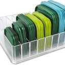 Bawuie Lid Organizer for Food Storage Container, Plastic Lid Holder with 7 Adjustable Dividers for Kitchen Pantry Cabinet and Drawer, Countertop Cupboard Lid Organization, Medium, Clear
