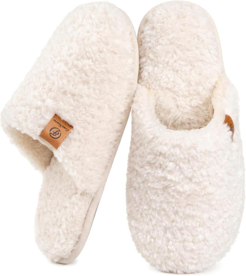 EverFoams Women's Fuzzy Slip-on Slippers Warm Cozy Soft Lightweight Memory Foam Indoor House Shoes (7-8, Cream White)