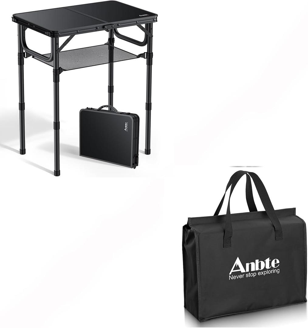 Anbte Folding Camping Table with Storage Net, Pure Black Aluminum 2ft Picnic Table & Folding Table Storage Bag