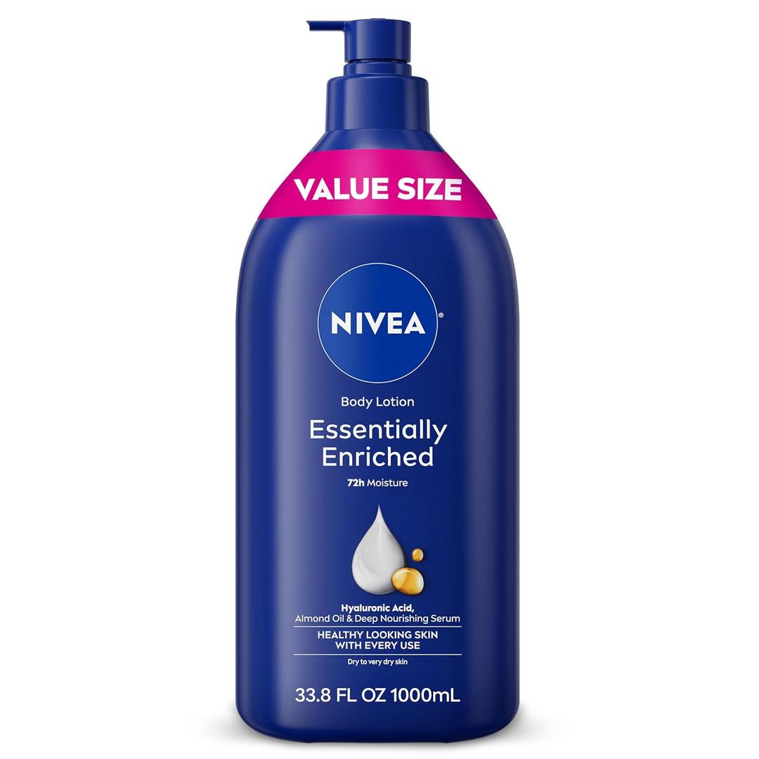 NIVEA Essentially Enriched Body Lotion for Very Dry Skin with Hyaluronic Acid, Almond Oil and Deep Nourishing Serum, 72Hour Body Moisturizer, 33.8 Fl Oz Value Size Pump Bottle