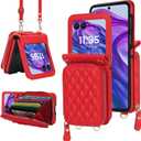 for Motorola Razr 2024 Wallet Case with Crossbody Strap, [RFID Blocking] Large Capacity Card Slot Case Women Girls Premium Leather Zipper Wrist Strap Flip Cover for Motorola Razr 50 2024 Red