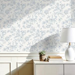 Floral Peel and Stick Wallpaper- Cream White and Blue Vintage Flowers Contact Paper for Bathroom - Boho Removable Self Adhesive Vinyl Wall Paper for Decor Shelf Linings and Cabinets,17.3" x 393"