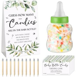 Roowest 62 Pcs Baby Shower Games Guess How Many Candies Are in the Jar Sign 50 Small Guessing Games 10 HB Pencils and 1000 ml Milk Bottle for Baby Shower Gender Reveal Party(Fresh Color,Plant)