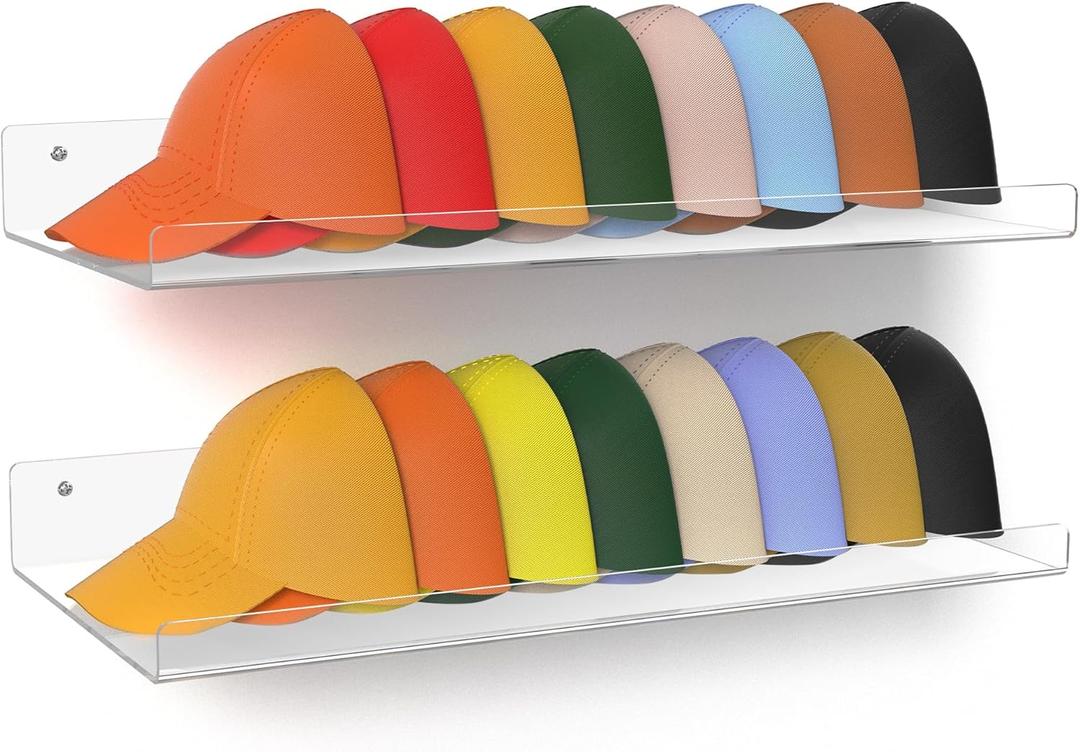 upsimples 2-Pack Acrylic Floating Hat Shelves, Wall-Mounted Hat Holder Fits up to 20 Hats - Hat Organizer for Baseball Cap Storage in Closet, Bedroom, Entryway, and Laundry Room (16.8x8.6'')