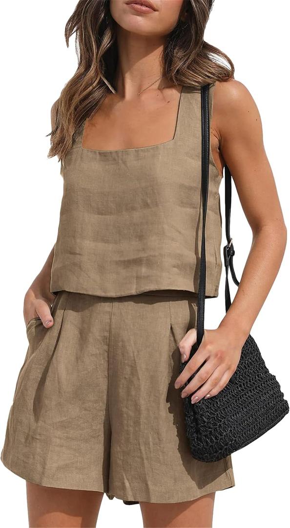 YMING Womens 2 Piece Outfits Summer Sleeveless Solid Color Blouse and Shorts Two Piece Cotton Linen Sets Dark Khaki L (L)