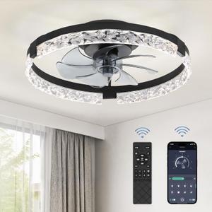 LEDIARY 20 Inch Low Profile Ceiling Fans with Lights and Remote, Fandelier Ceiling Fan Flush Mount, 3000K-6000K Dimmable LED Fan Light, Black Modern Ceiling Fans with Lights for Bedroom