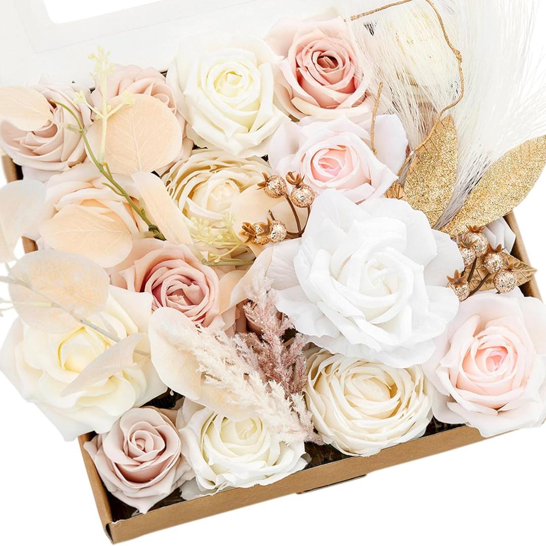Ling's moment Fake Flowers Box, Faux Artificial Greenery Stems Foam Roses Berry Silk Eucalyptus Fabic Flower for Centerpieces Bouquet Wedding Vase Floral Decorations, White & Beige, Grand Combo