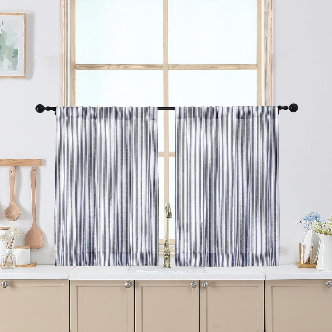 Chyhomenyc Stripe Curtains 30 Inch Length - Light Filtering Faux Linen Small Half Window Curtains Over Sink, Modern Farmhouse Curtain Tiers for Bathroom Basement, 30Wx30L, 2 Pieces, Dark Blue
