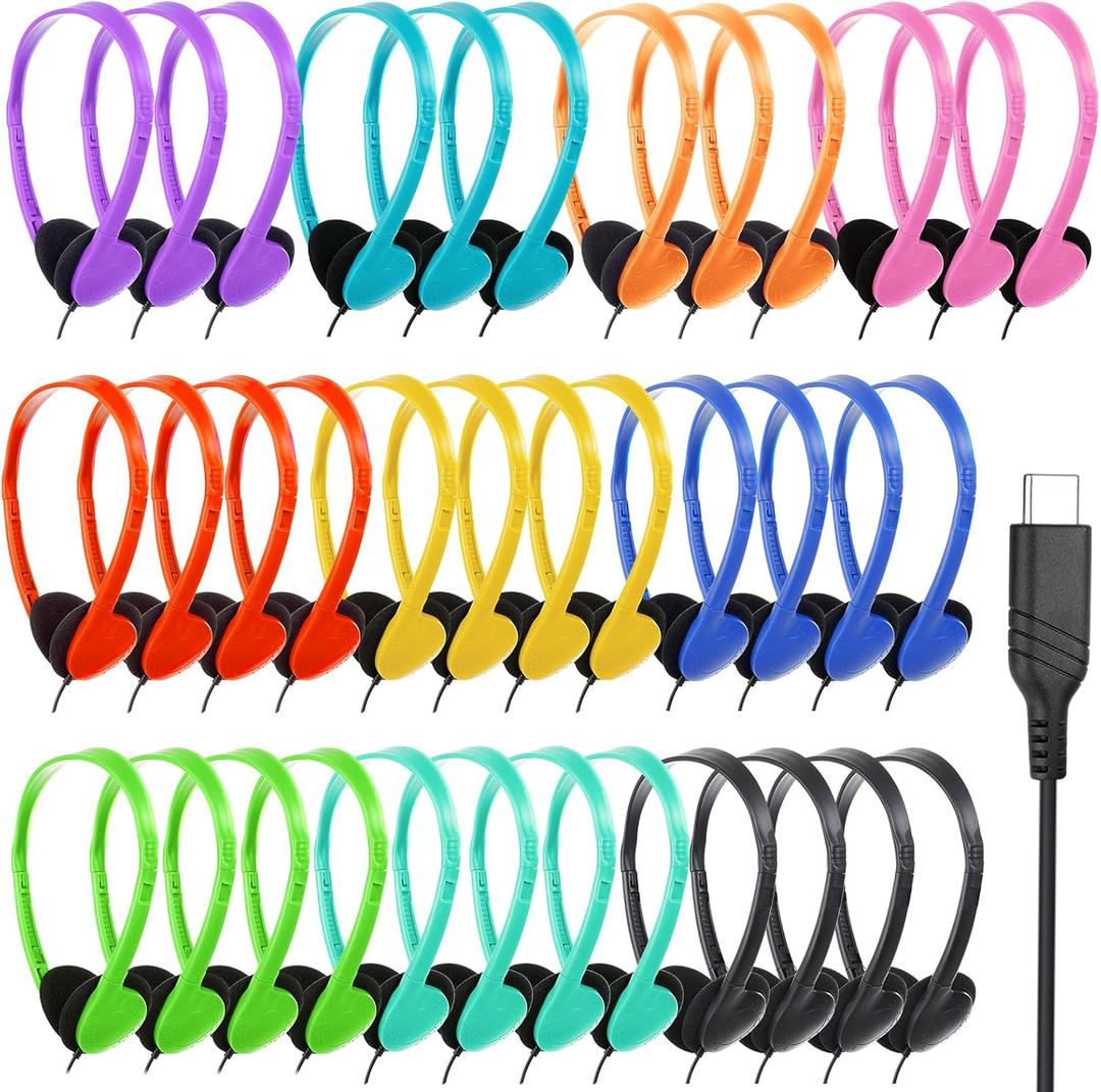 Type C Headphones Bulk for Classroom School Kids 12 Pack,USB C Wired Headphones for School Compatible with Pad Smartphones Mixed Colors