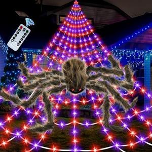 Halloween Spider Web Lights Giant Spider, 16.4Ft 450 LED Lighted Spider Web with with 8 Lighting Modes Waterproof & Timer for Indoor Outdoor House Haunted Yard Decor,Purple&Orange