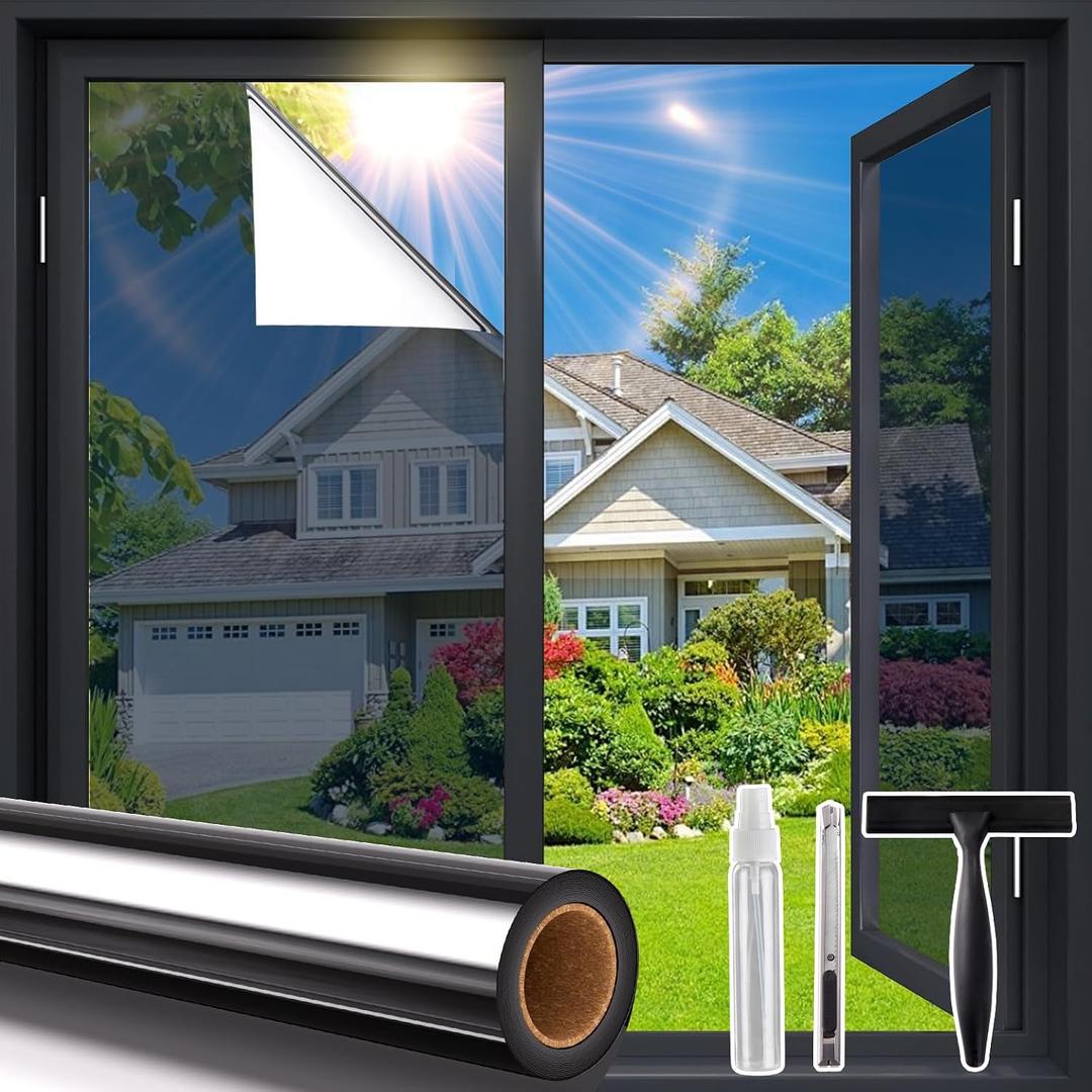 Coavas One Way Privacy Window Film with Tools, Window Tint Adhesive Shatterproof Film for Home, Premium PET Heat Control Daytime Reflective Mirror Coverings, Black, 29.5 x 78.7 Inch