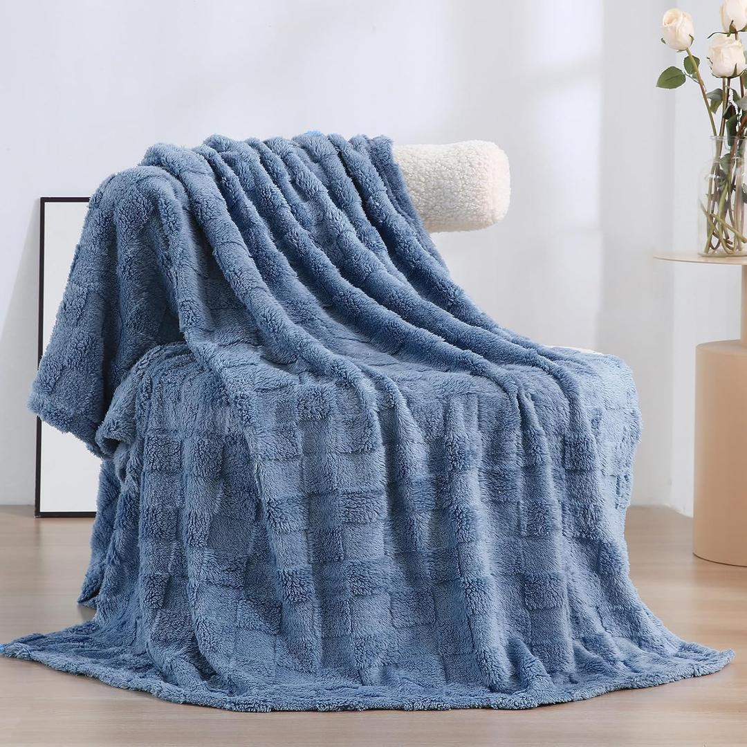 Dusty Blue Fleece Throw Blanket 50x60 for Couch Sofa Bed,Super Soft Cozy Plush Microfiber Flannel Blanket with 3D Checkered Design Lightweight for Adults,Woman,Girls