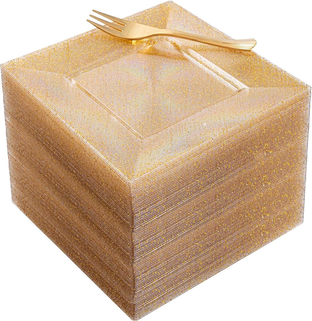 Supernal 200Pcs 6" Dessert Plates Gold Glitter with Gold Plastic Forks 5.7",Plastic Square Plates for 100 Guests,Party Plastic Salad Plates Appetizer Square Plates Suit for Party, Wedding, Birthday (100pcs Gold Glitter Square Dessert Plates with Gold Dessert Forks)