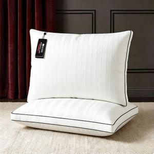 Blue Ridge Home Fashions Luxury Hotel Collection Bed Pillows King Size Set of 2, Soft Medium 500 Thread Count Damask Stripe Embroidered 100% Cotton Cover, Gusseted Down Alternative