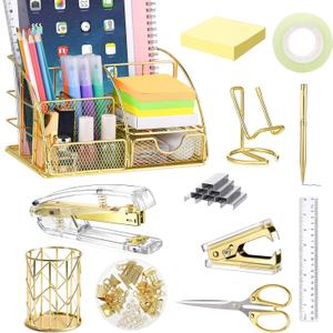 JUOPIEA Desk Organizers and Accessories Office Supplies 12PS Set with Acrylic Stapler, Staple Remover, Pen Holder, Clips, Scissor, Phone Holder, 1 Pen Ect (Gold)