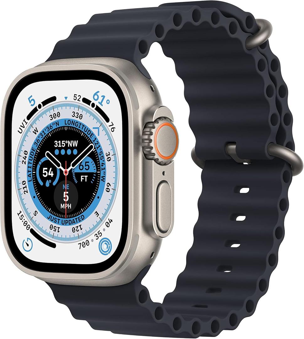 Apple Watch Ultra [GPS + Cellular 49mm] Titanium Case with Midnight Ocean Band,  (One Size (Fits 130-200mm Wrists))