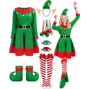 Suhine 12 Pcs Women Christmas Elf Costume Santa's Helpers Dress Outfit Elf Hat Bells Ears Shoes Xmas Fancy for Party (XL)