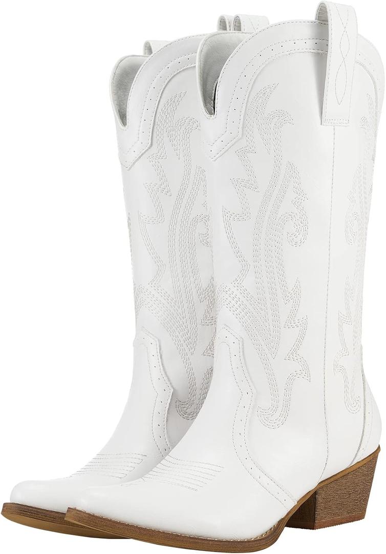 HISEA Rollda Cowboy Boots for Women Western Cowgirl Boots Mid Calf | Chunky Heel Pointed Toe Comfortable Stitched Embroidery for Country Concert Dancing Wedding Travel Daily Outfits, White Size 6