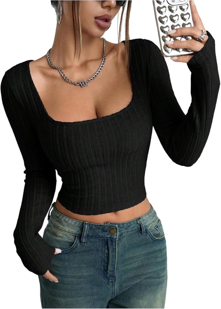 SOLY HUX Women's Long Sleeve Crop Tops Y2k Square Neck Ribbed Knit Going Out T Shirts (Black, M)