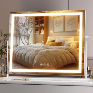 Hasipu Vanity Mirror with Lights, 23.6" x 18.1" LED Makeup Mirror, Light up Mirror with Smart Touch 3 Colors Dimmable, Brightness Adjustment, 360 Rotation (White) (23.6"L x 18.1"W)