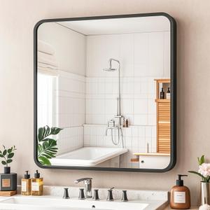 26x26 Black Square Mirror, Bathroom Mirrors for Over Sink, Rectangle Bathroom Vanity Mirror for Wall, Large Modern Metal Frame Shatterproof Rectangular Mirror for Restroom Powder Room Toilet