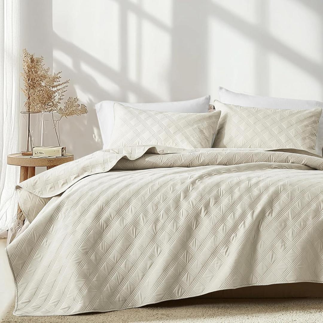 inron Full/Queen Size Quilt Set,Lightweight Cream Microfiber Ultrasonic Coverlet,Breathable Soft Bedspread with Modern Geometric Pattern,Thin Bedding for All Seasons (1 Quilt,2 Pillow Shams)