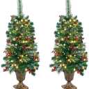 Juegoal 2 Pack Christmas Tree, 3 FT Pre-Lit Artificial Crestwood Spruce Entrance Trees in Gold Urn Base with 100 LEDs Lights, Pine Cones, Red Berries for Front Door, Porch, Entryway Xmas Decorations