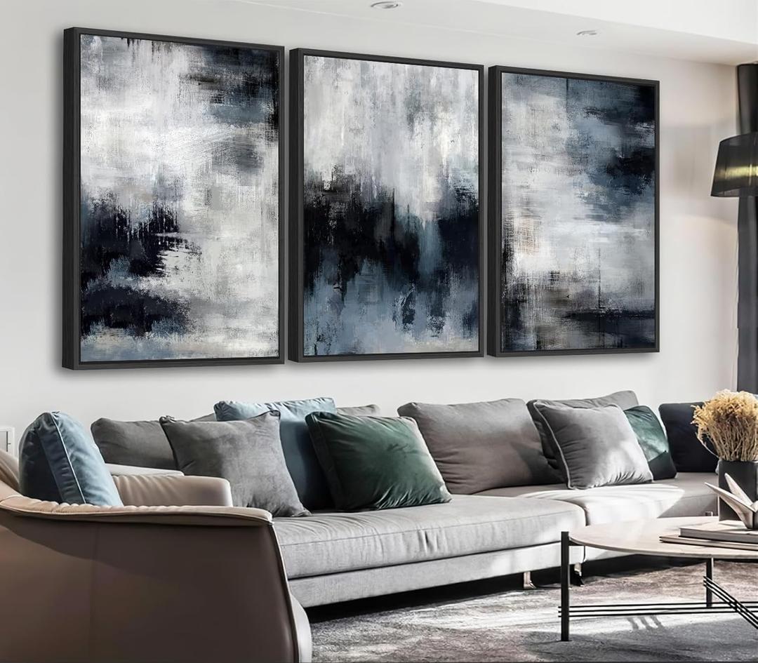 Framed Abstract Wall Art - Natural Framed Rustic Blue Canvas Pictures for Living Room Modern Canvas Prints for Bedroom, Black Float Frame Art for Home Office Kitchen Decor, 3pcs, 16x24