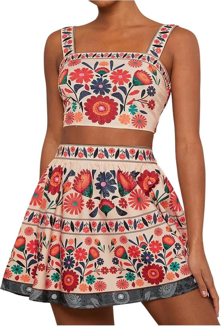 MakeMeChic Women's 2 Piece Vacation Outfits Floral Shirred Tank Top and A Line Mini Skirt Sets (Multicolor, XL)